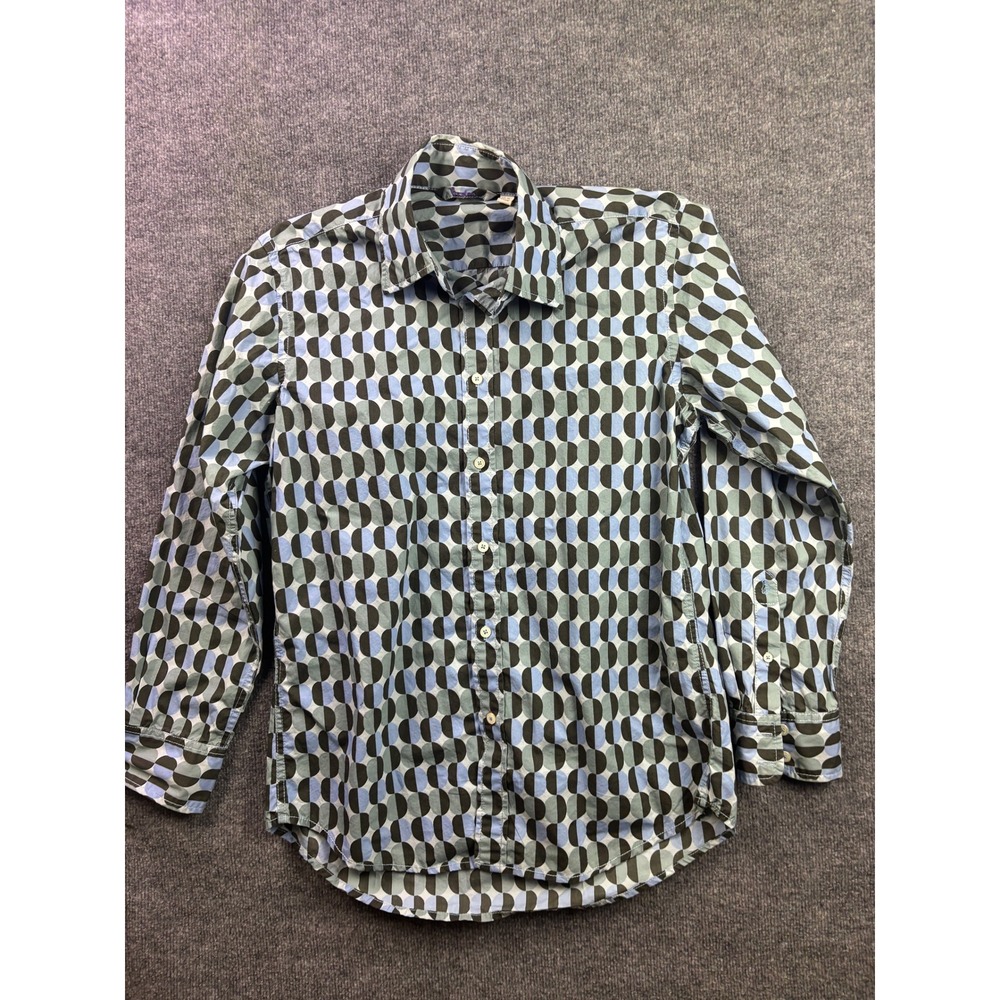 Boden Button Down‎ Shirt Mens 15.5 Blue Grey Geometric Print Long Sleeve Cotton